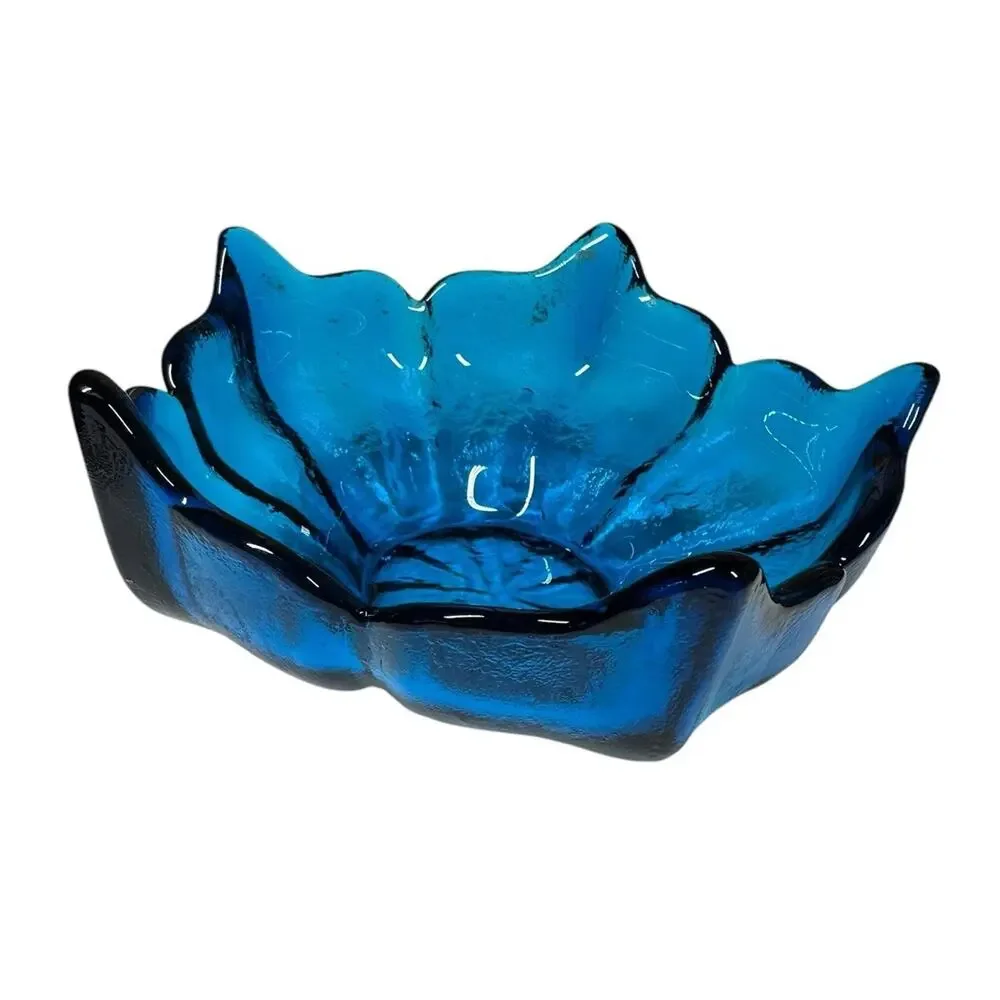 Vintage Blue Glass Lotus Bowl with Carved Wooden Intertwined Tripod Stand India - Picture 8 of 11